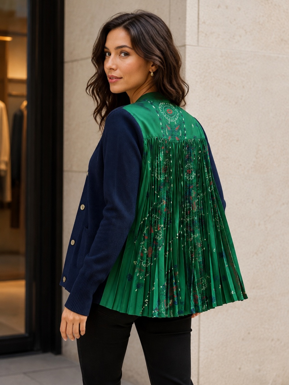 Sacai Navy Cardigan with Emerald Green Accents